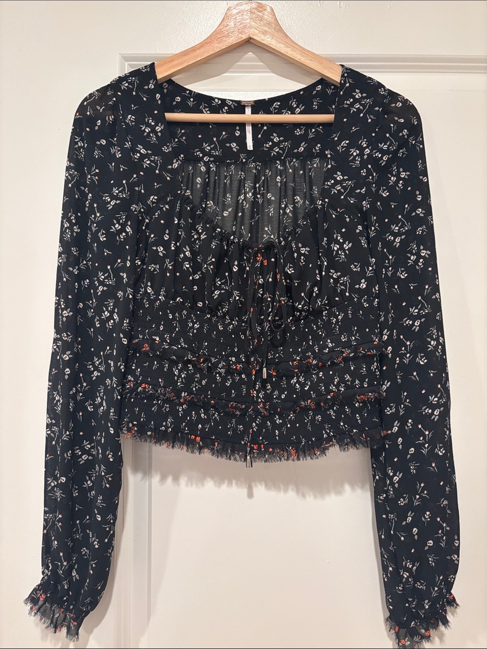 Free People Black Floral Smocked Peplum Blouse with Tie Front